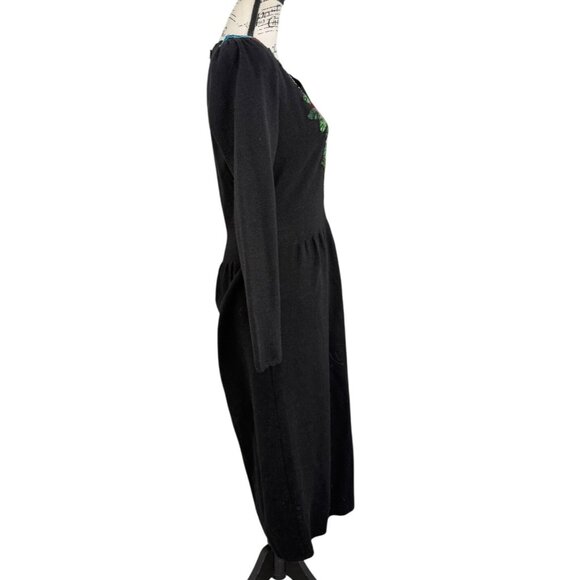 Don Sayres Wellmore Black Santana Knit Dress Floral Applique USA 80s Vtg Size 10 - Picture 3 of 8